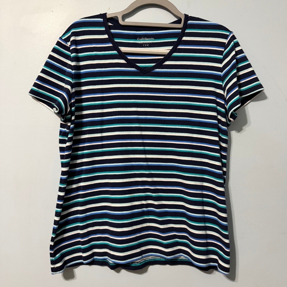 Croft & Barrow Classic Tee XXL Navy Blue Turquoise Striped V-Neck Shirt 2616